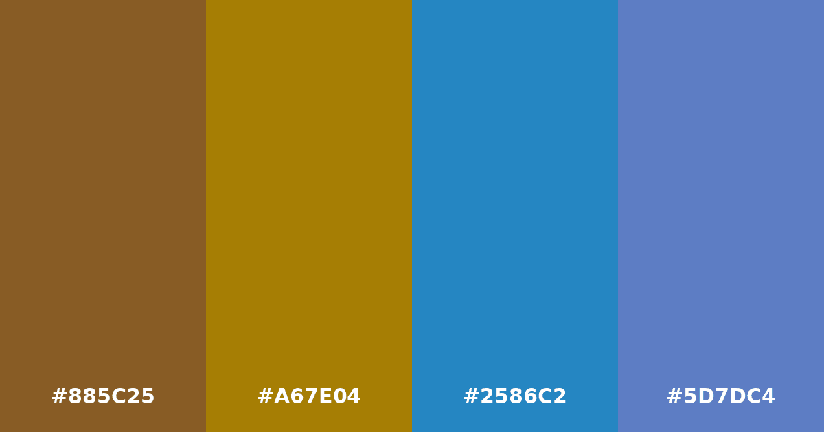 Color palette #885C25 #A67E04 #2586C2 #5D7DC4