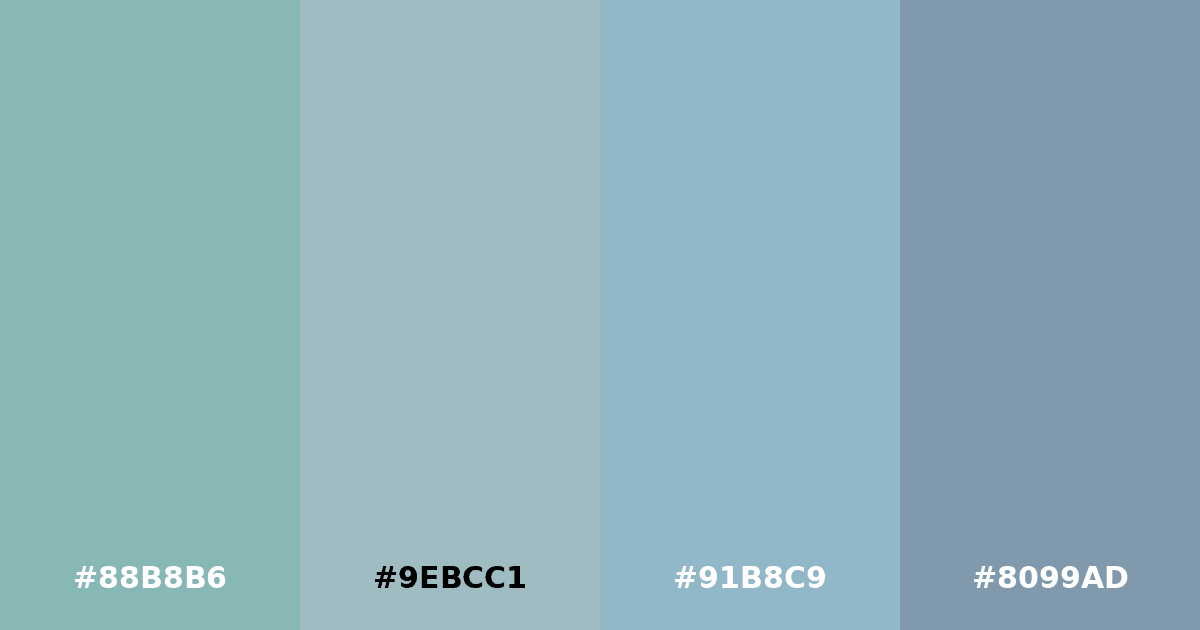 Color palette #88B8B6 #9EBCC1 #91B8C9 #8099AD