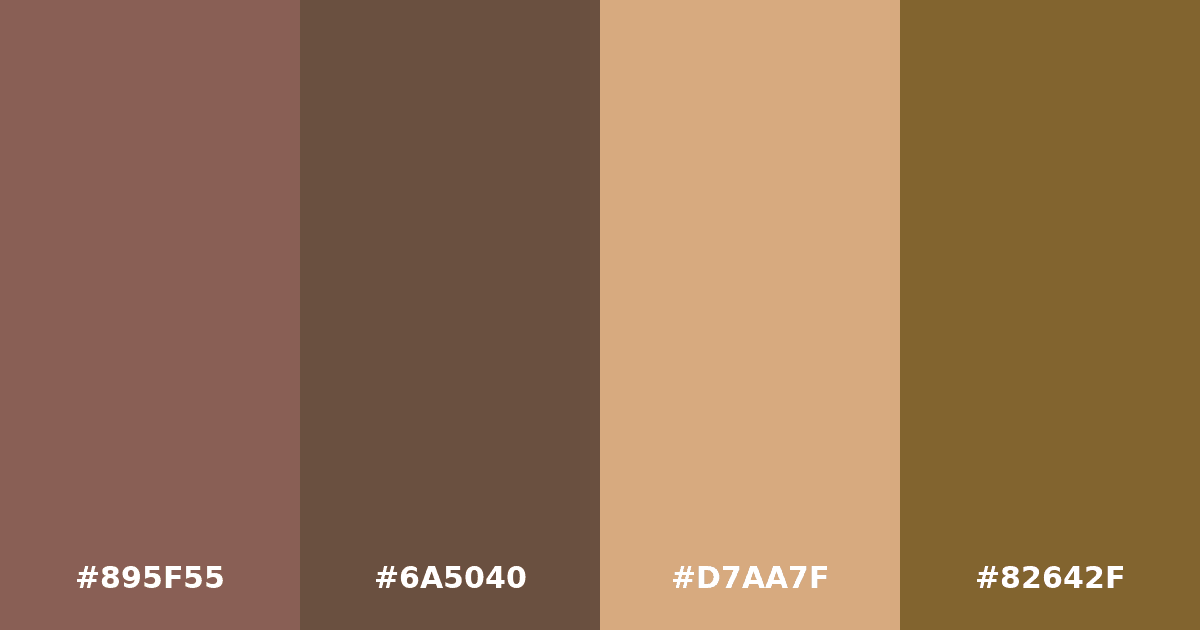 Color palette #895F55 #6A5040 #D7AA7F #82642F