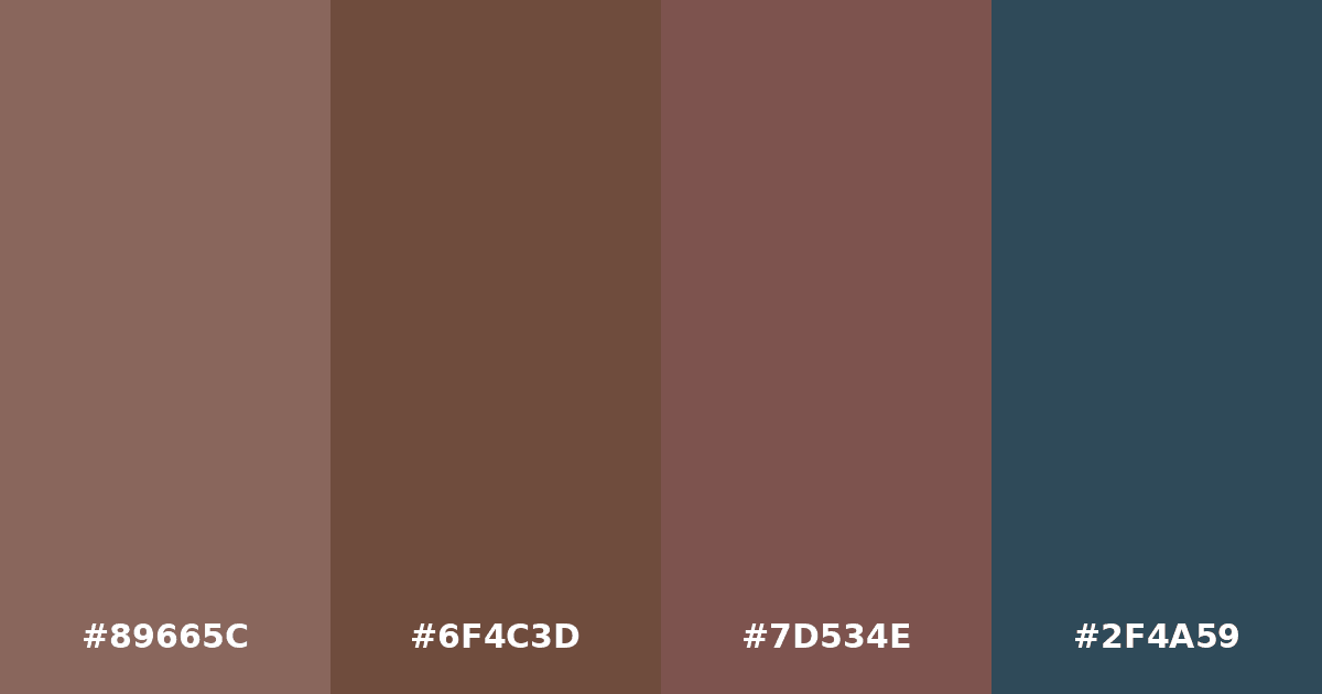 Color palette #89665C #6F4C3D #7D534E #2F4A59