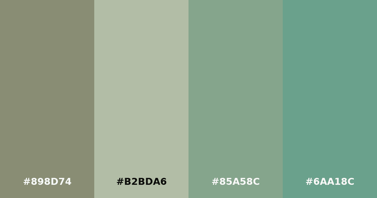 Color palette #898D74 #B2BDA6 #85A58C #6AA18C