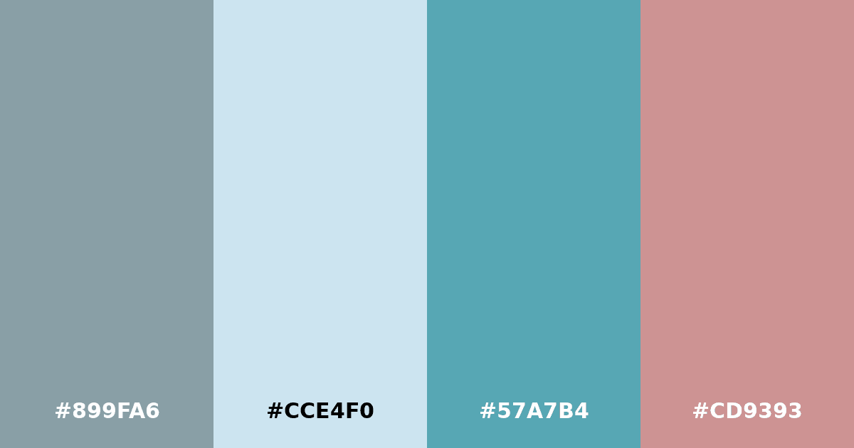Color palette #899FA6 #CCE4F0 #57A7B4 #CD9393