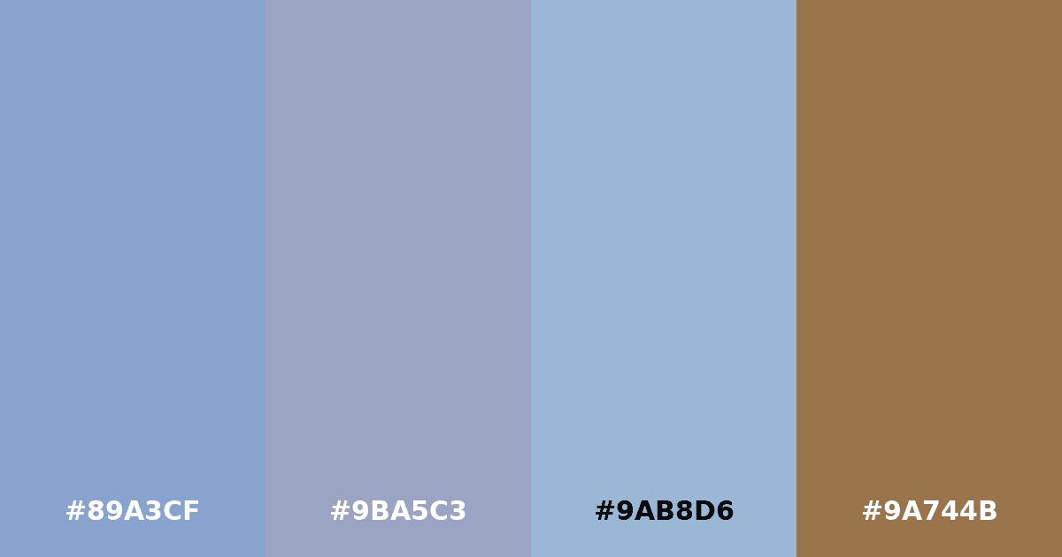 Color palette #89A3CF #9BA5C3 #9AB8D6 #9A744B