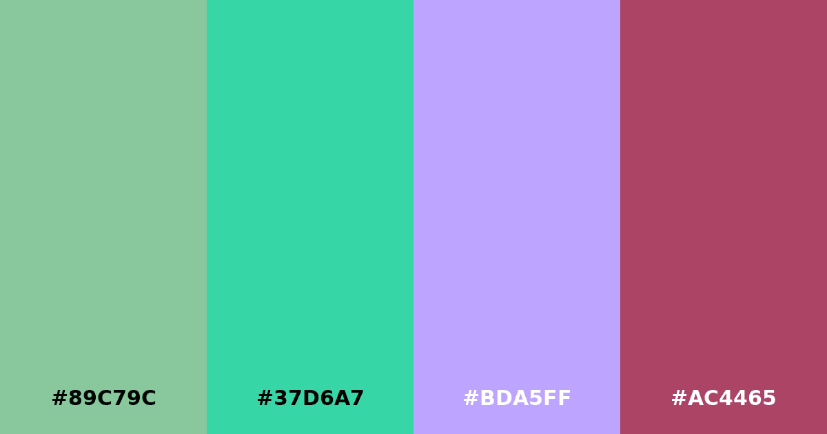 Color palette #89C79C #37D6A7 #BDA5FF #AC4465