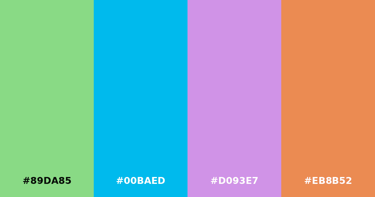 Color palette #89DA85 #00BAED #D093E7 #EB8B52