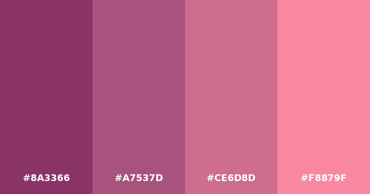 Color palette #8A3366 #A7537D #CE6D8D #F8879F