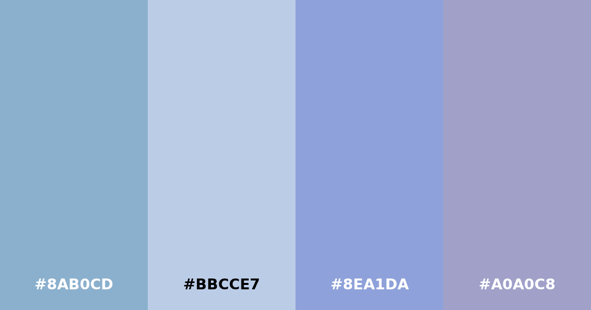 Color palette #8AB0CD #BBCCE7 #8EA1DA #A0A0C8