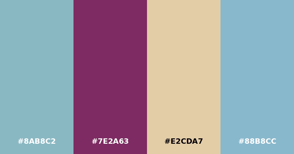 Color palette #8AB8C2 #7E2A63 #E2CDA7 #88B8CC