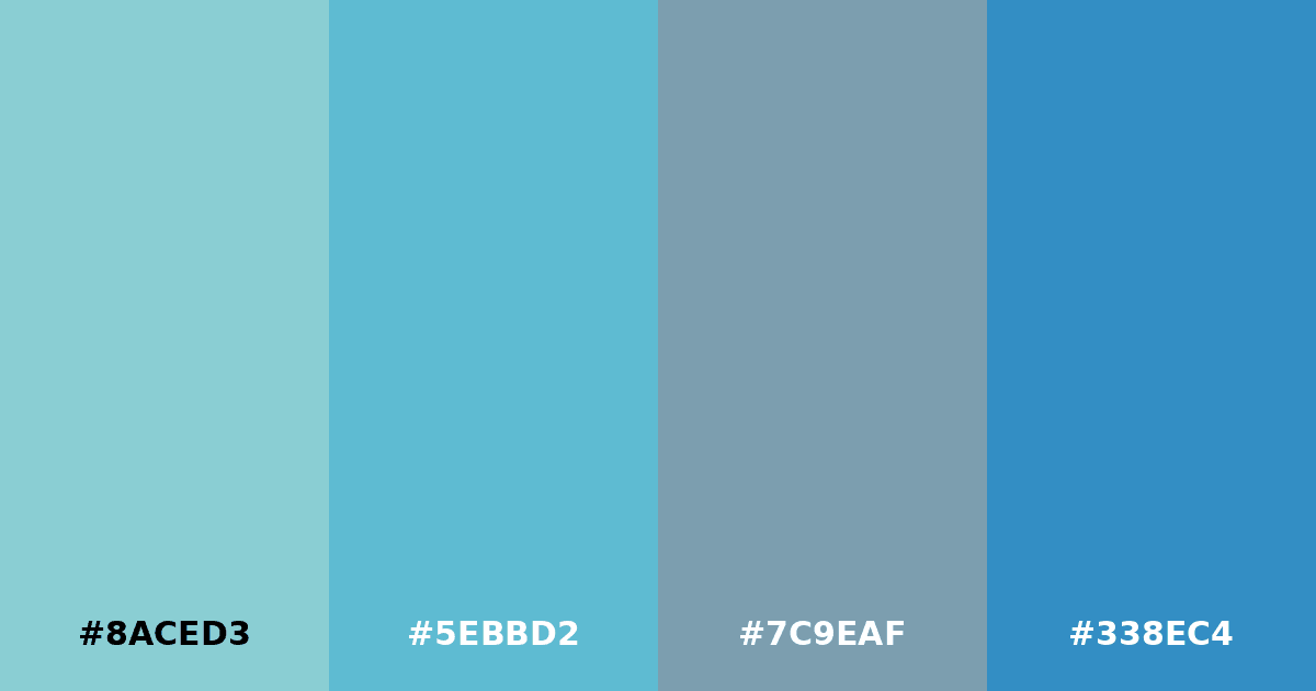 Color palette #8ACED3 #5EBBD2 #7C9EAF #338EC4