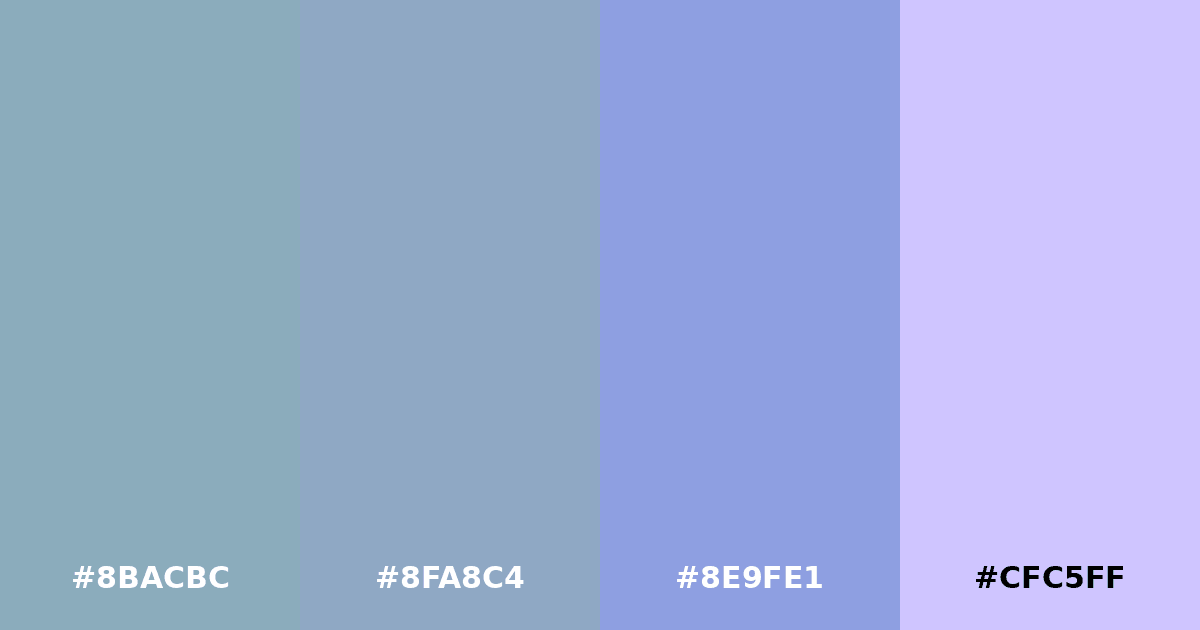 Color palette #8BACBC #8FA8C4 #8E9FE1 #CFC5FF