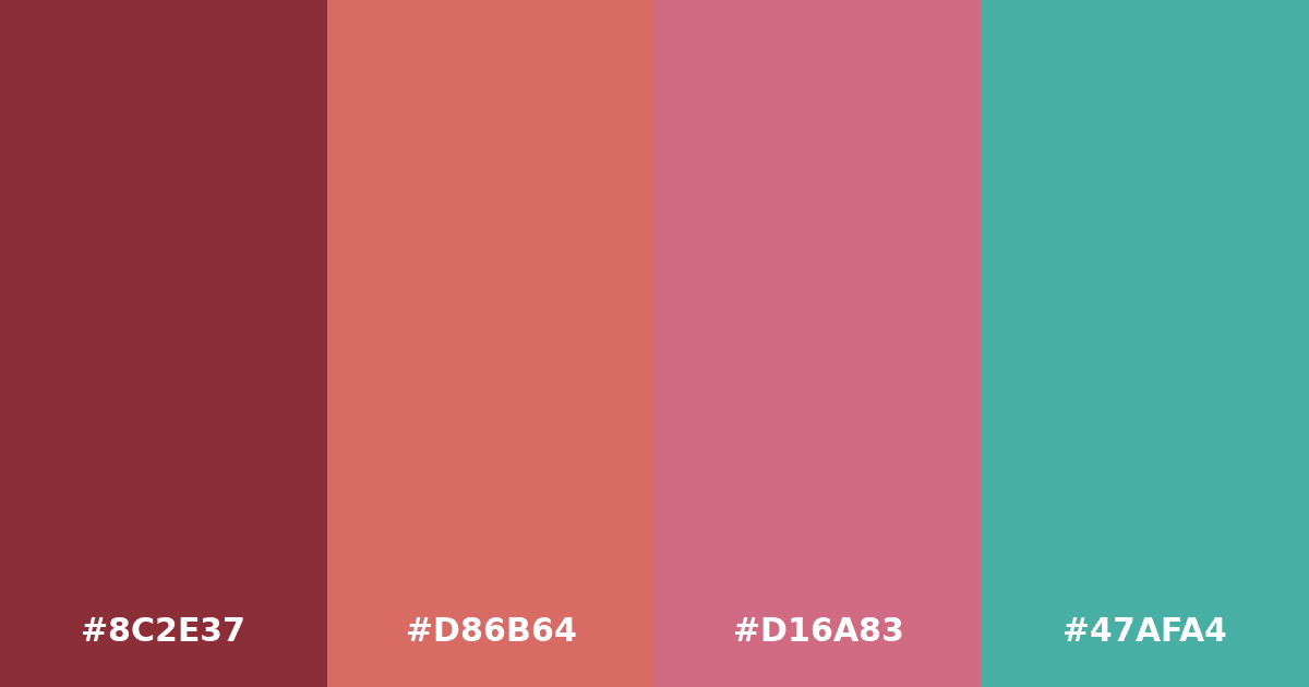 Color palette #8C2E37 #D86B64 #D16A83 #47AFA4