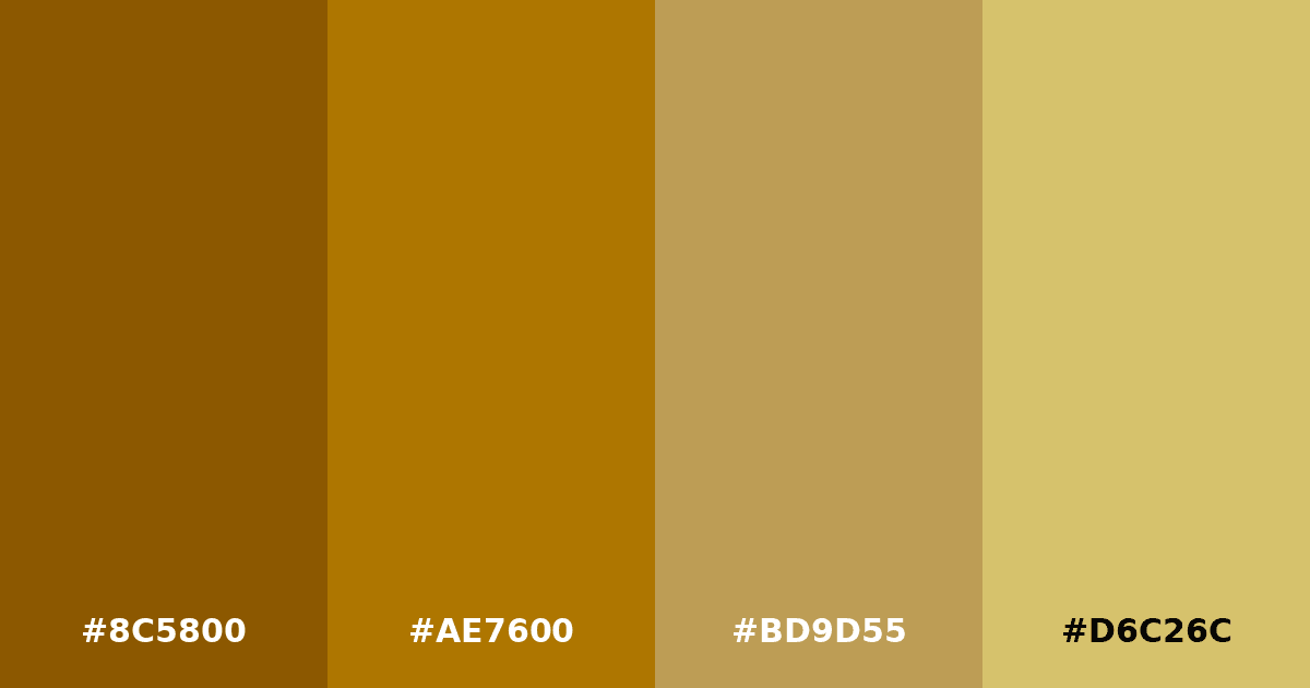 Color palette #8C5800 #AE7600 #BD9D55 #D6C26C