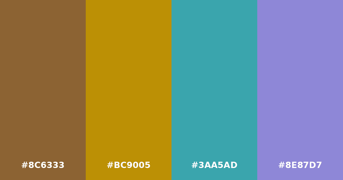 Color palette #8C6333 #BC9005 #3AA5AD #8E87D7