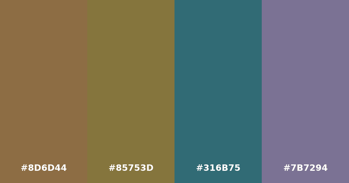 Color palette #8D6D44 #85753D #316B75 #7B7294