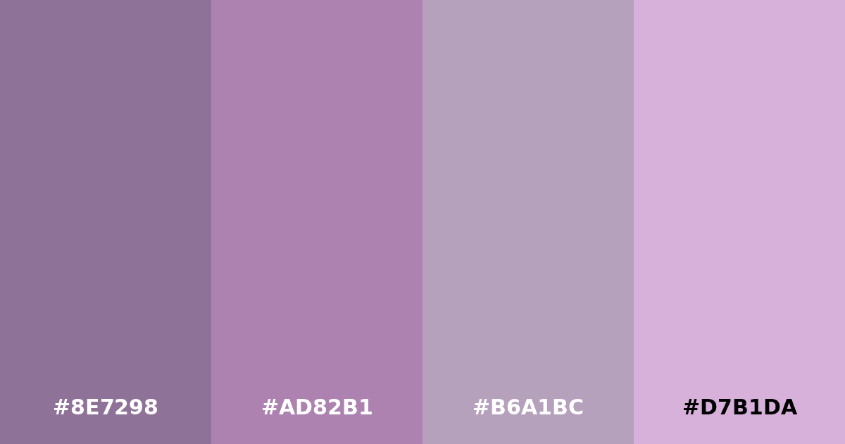 Color palette #8E7298 #AD82B1 #B6A1BC #D7B1DA
