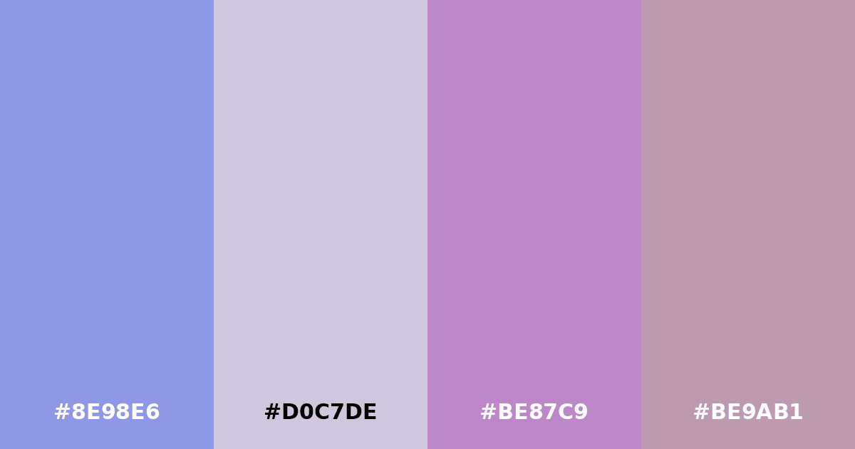 Color palette #8E98E6 #D0C7DE #BE87C9 #BE9AB1