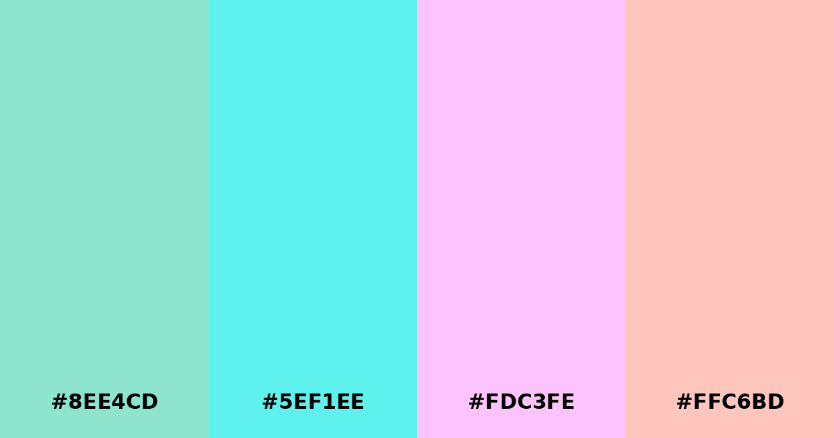 Color palette #8EE4CD #5EF1EE #FDC3FE #FFC6BD
