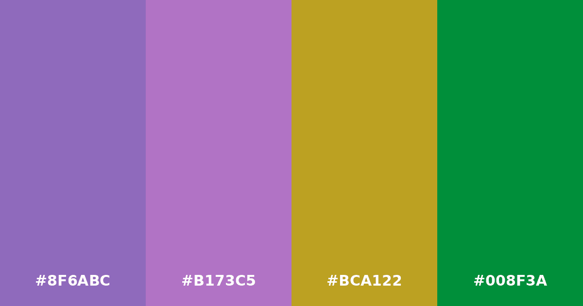 Color palette #8F6ABC #B173C5 #BCA122 #008F3A