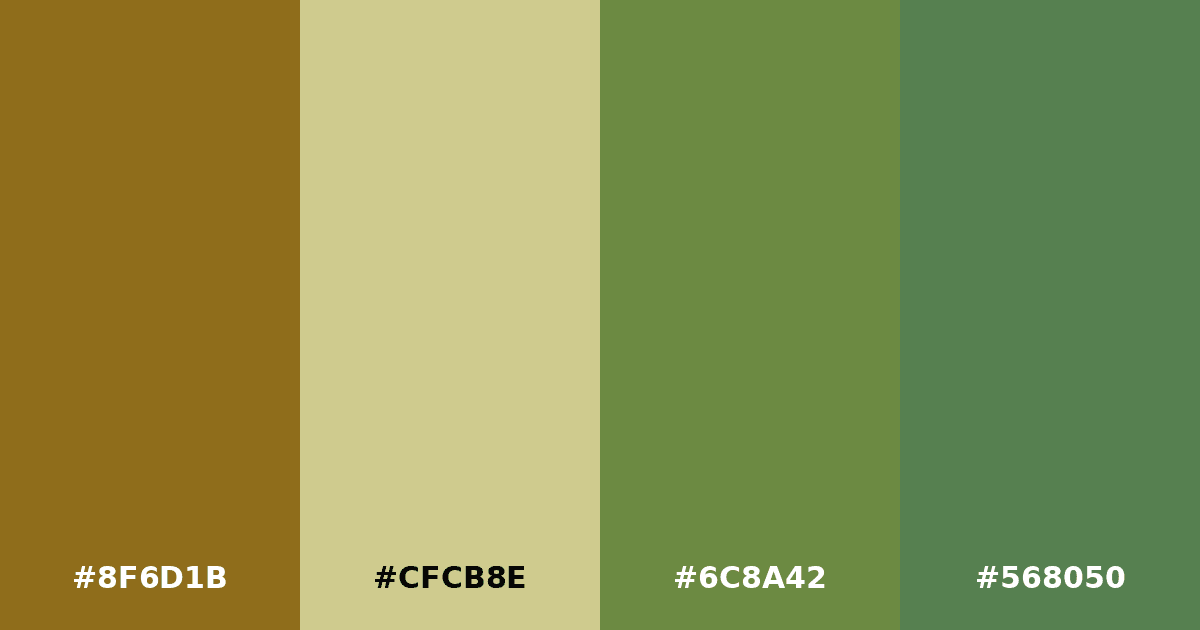 Color palette #8F6D1B #CFCB8E #6C8A42 #568050