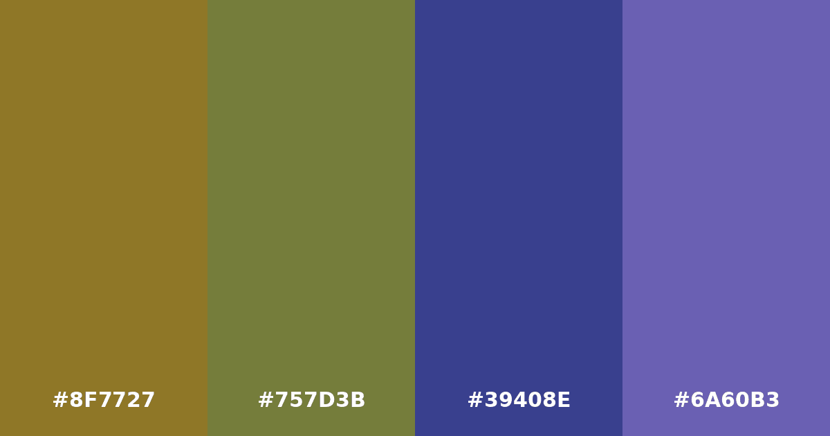 Color palette #8F7727 #757D3B #39408E #6A60B3