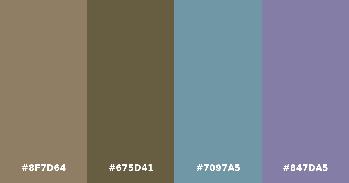 Color palette #8F7D64 #675D41 #7097A5 #847DA5