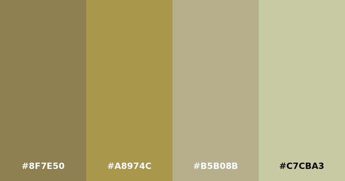 Color palette #8F7E50 #A8974C #B5B08B #C7CBA3