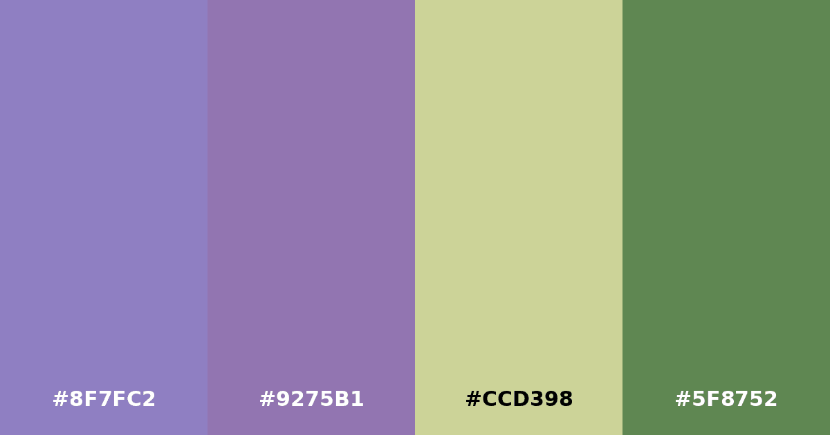 Color palette #8F7FC2 #9275B1 #CCD398 #5F8752
