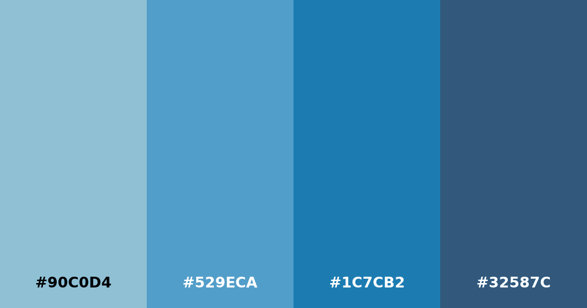 Color palette #90C0D4 #529ECA #1C7CB2 #32587C