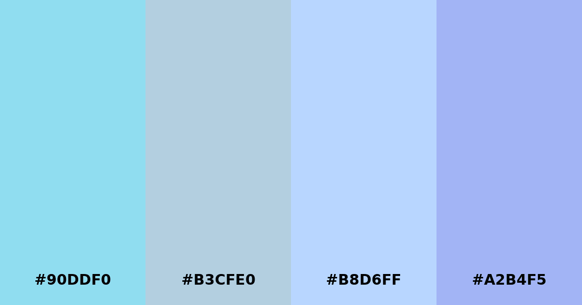 Color palette #90DDF0 #B3CFE0 #B8D6FF #A2B4F5