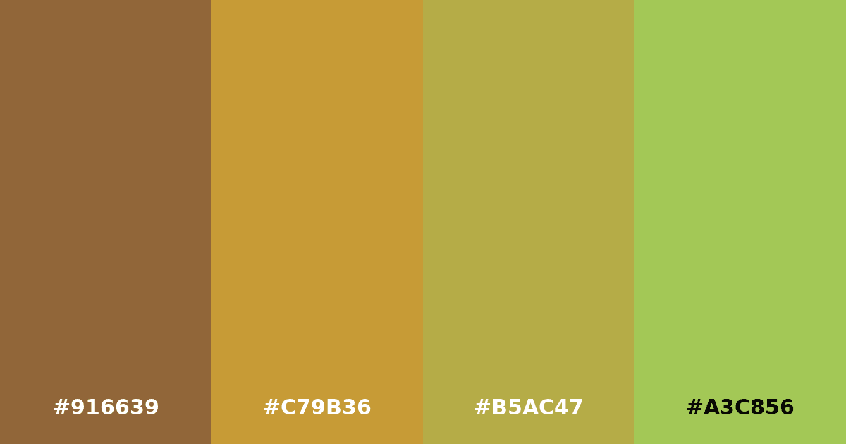 Color palette #916639 #C79B36 #B5AC47 #A3C856