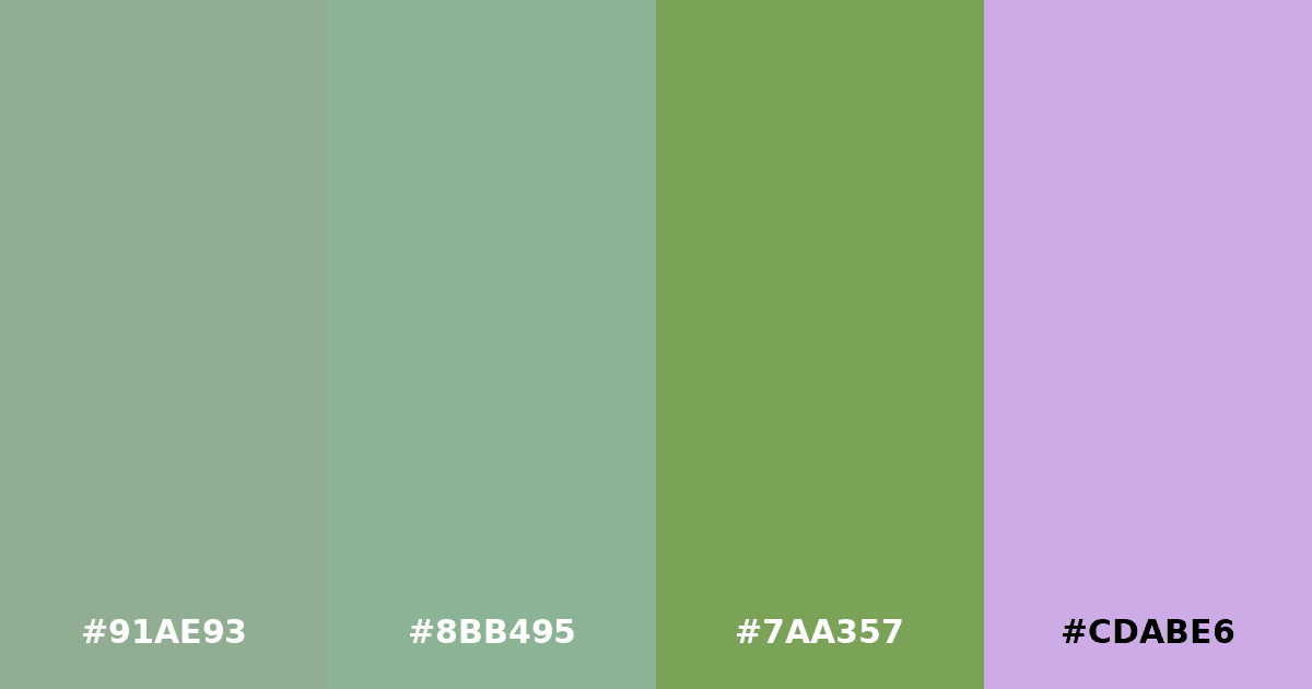 Color palette #91AE93 #8BB495 #7AA357 #CDABE6