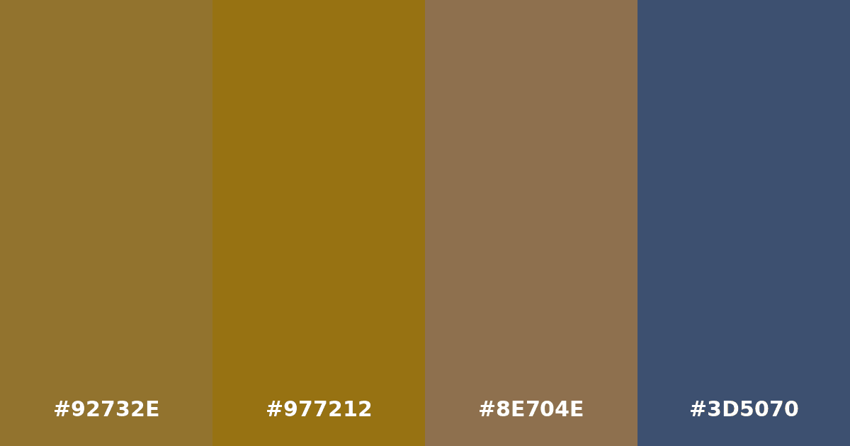 Color palette #92732E #977212 #8E704E #3D5070