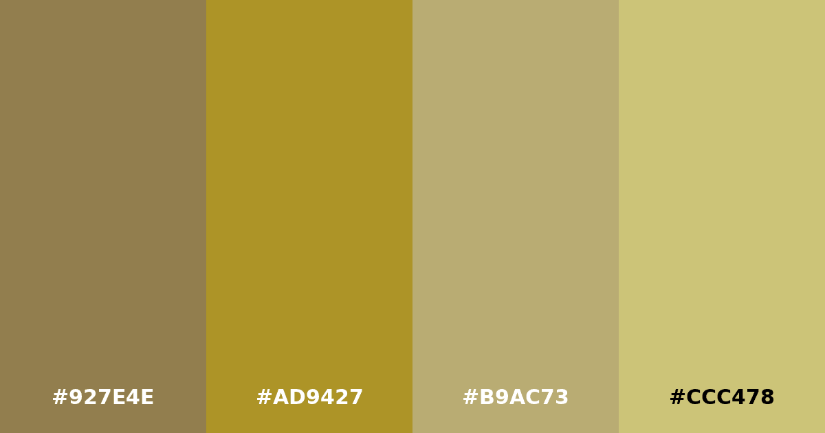 Color palette #927E4E #AD9427 #B9AC73 #CCC478