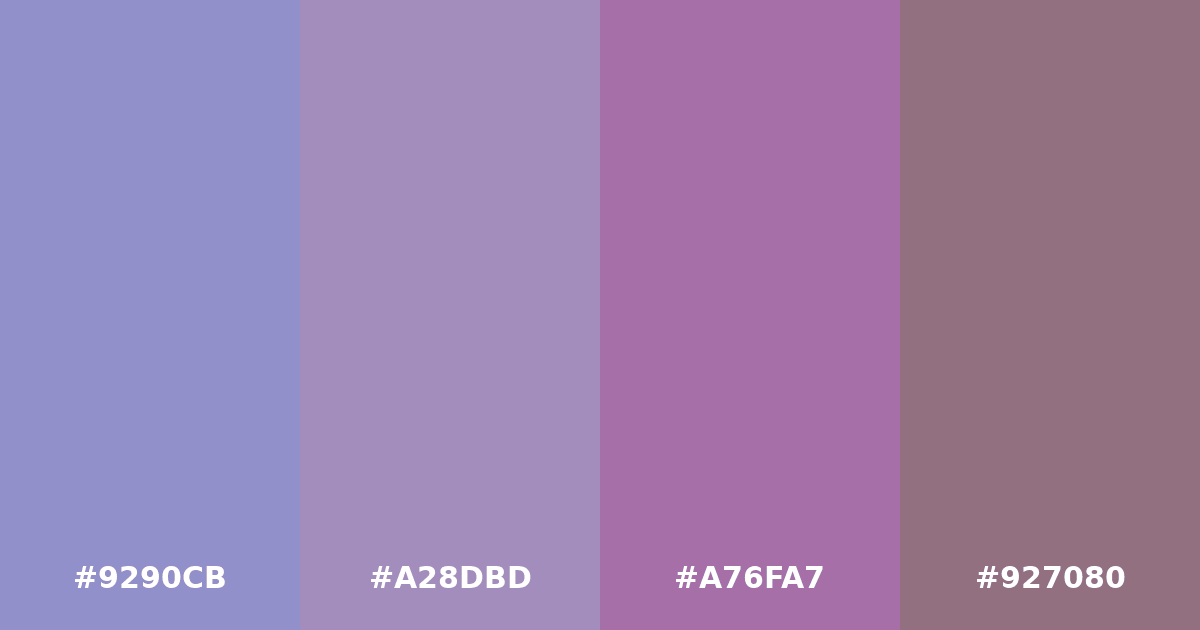 Color palette #9290CB #A28DBD #A76FA7 #927080