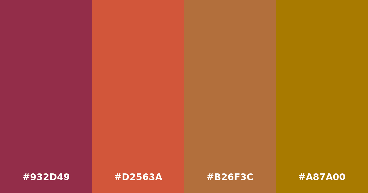 Color palette #932D49 #D2563A #B26F3C #A87A00