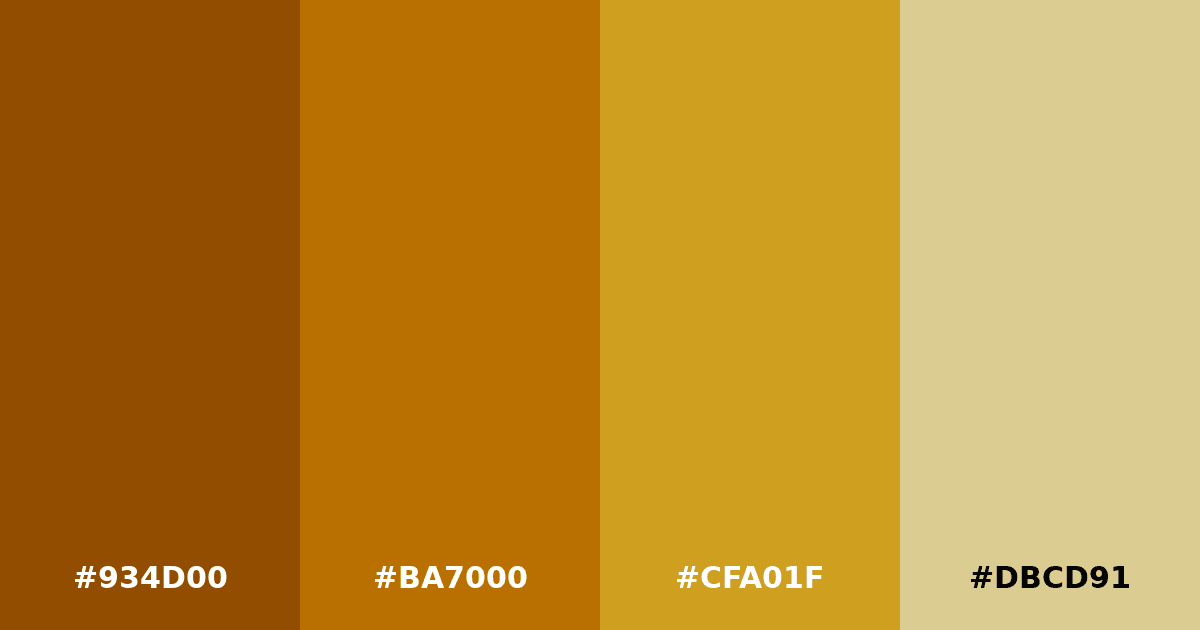 Color palette #934D00 #BA7000 #CFA01F #DBCD91