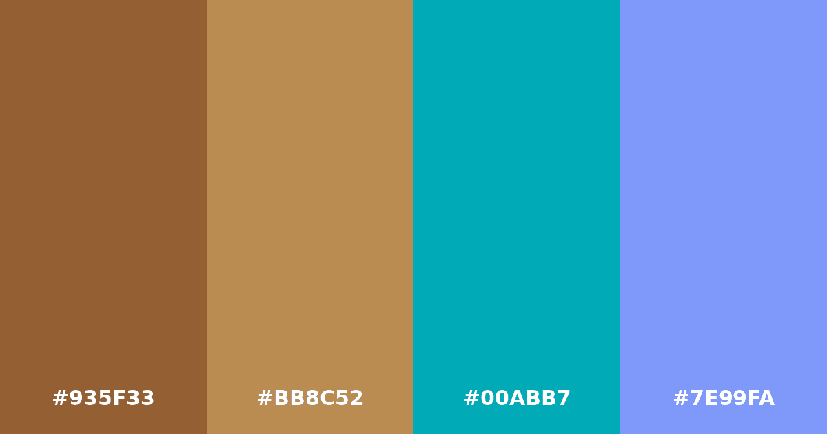 Color palette #935F33 #BB8C52 #00ABB7 #7E99FA
