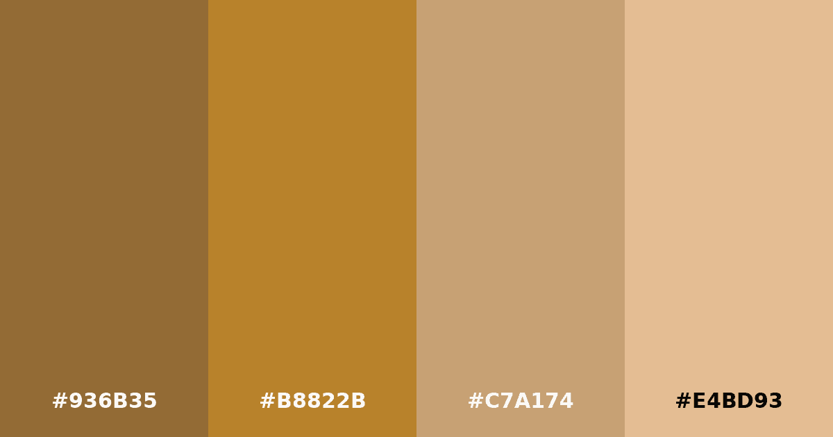 Color palette #936B35 #B8822B #C7A174 #E4BD93