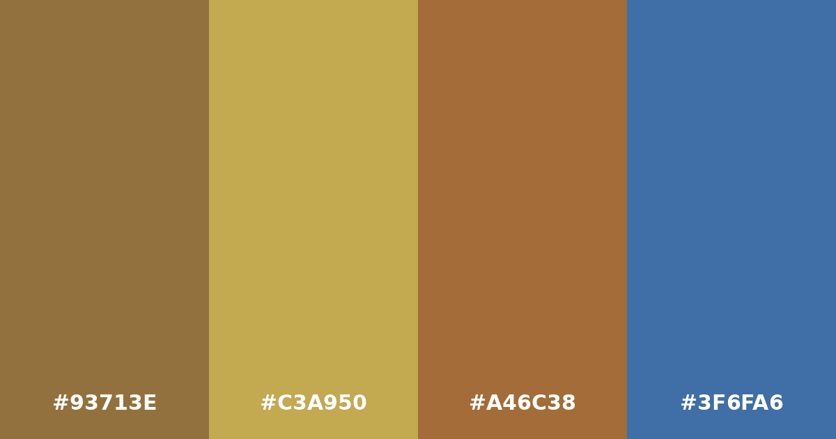 Color palette #93713E #C3A950 #A46C38 #3F6FA6