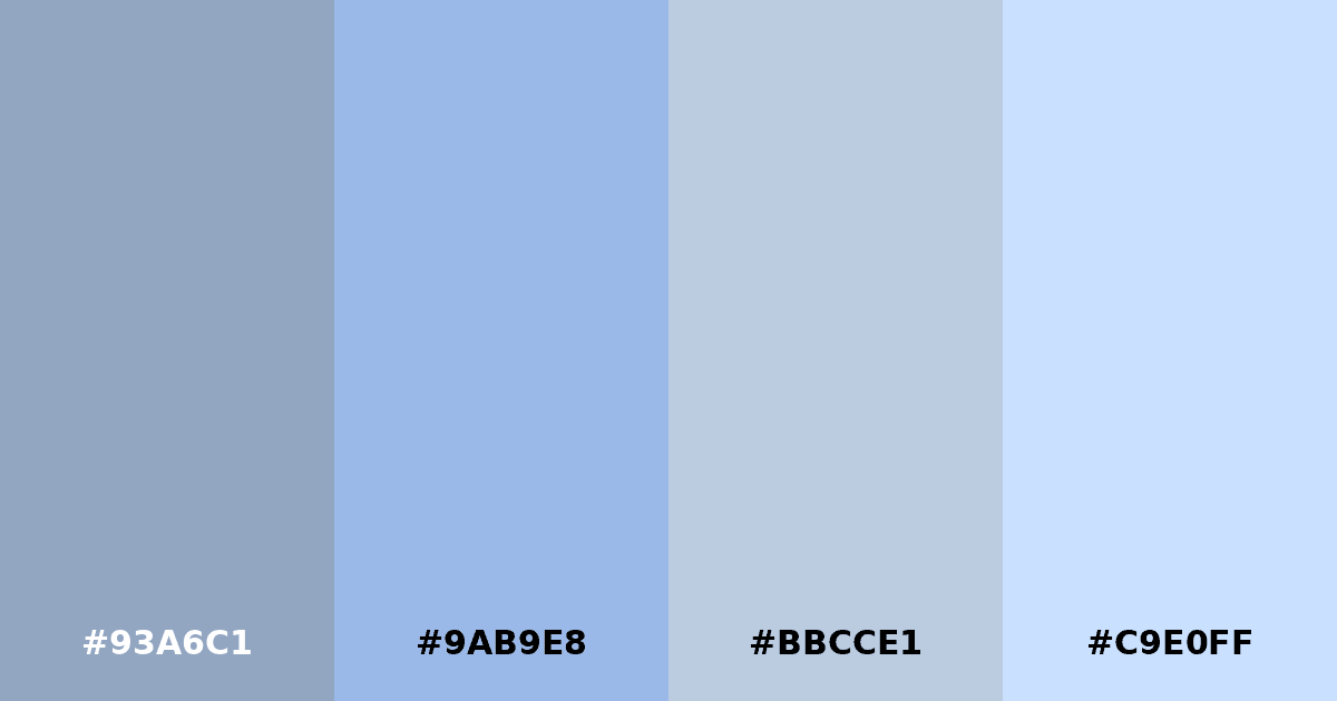 Color palette #93A6C1 #9AB9E8 #BBCCE1 #C9E0FF
