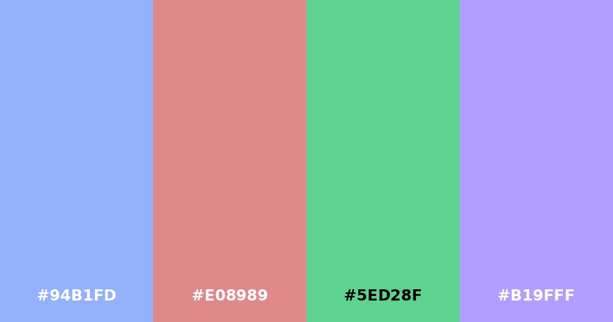 Color palette #94B1FD #E08989 #5ED28F #B19FFF