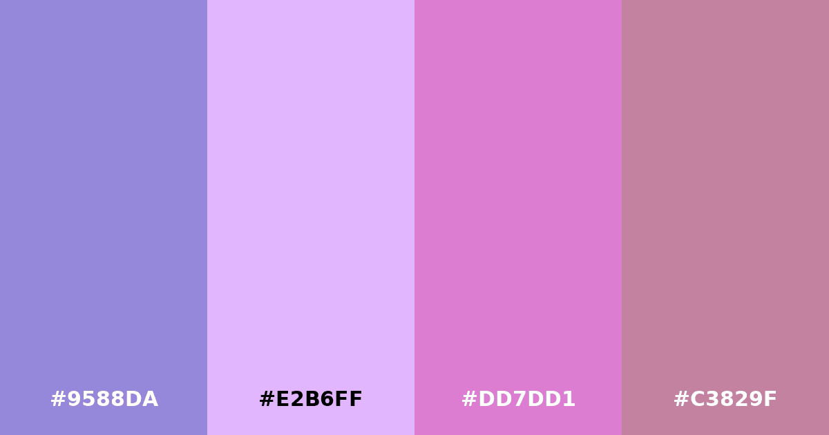 Color palette #9588DA #E2B6FF #DD7DD1 #C3829F