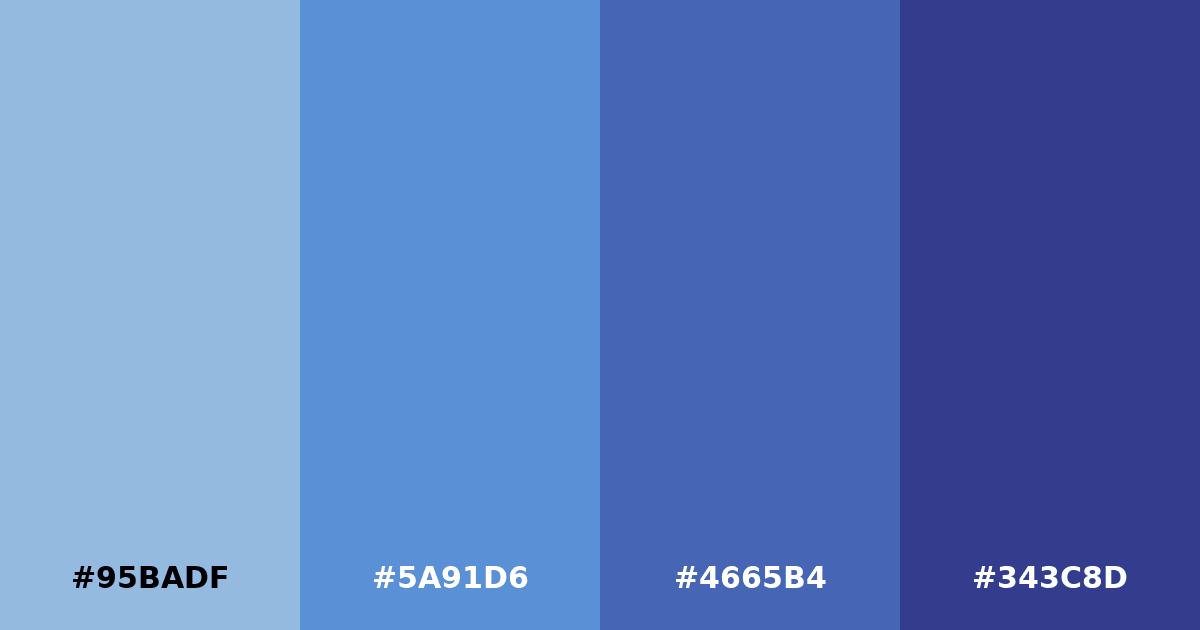Color palette #95BADF #5A91D6 #4665B4 #343C8D