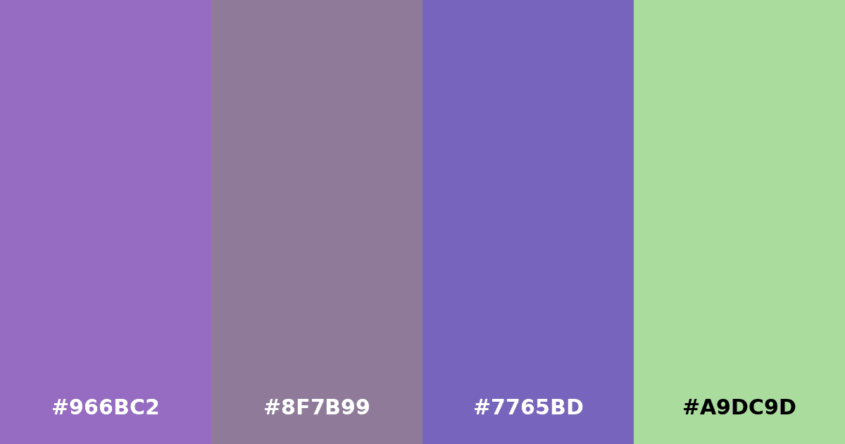 Color palette #966BC2 #8F7B99 #7765BD #A9DC9D
