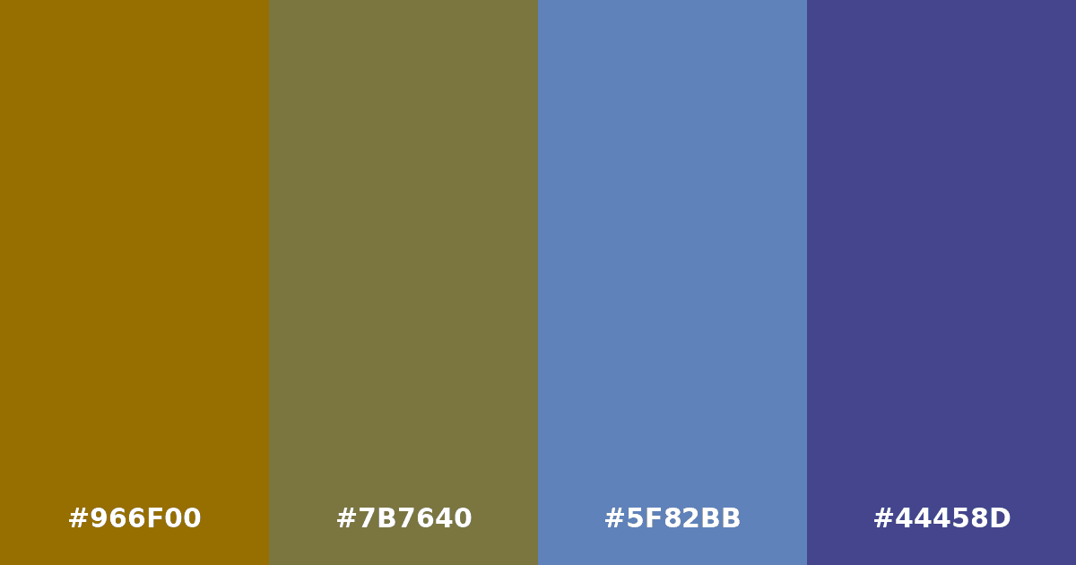 Color palette #966F00 #7B7640 #5F82BB #44458D