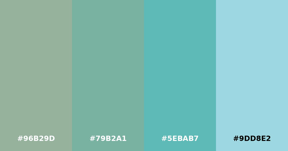 Color palette #96B29D #79B2A1 #5EBAB7 #9DD8E2