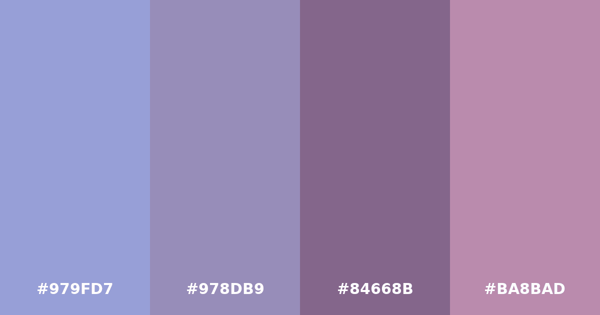 Color palette #979FD7 #978DB9 #84668B #BA8BAD