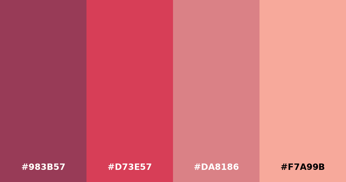 Color palette #983B57 #D73E57 #DA8186 #F7A99B