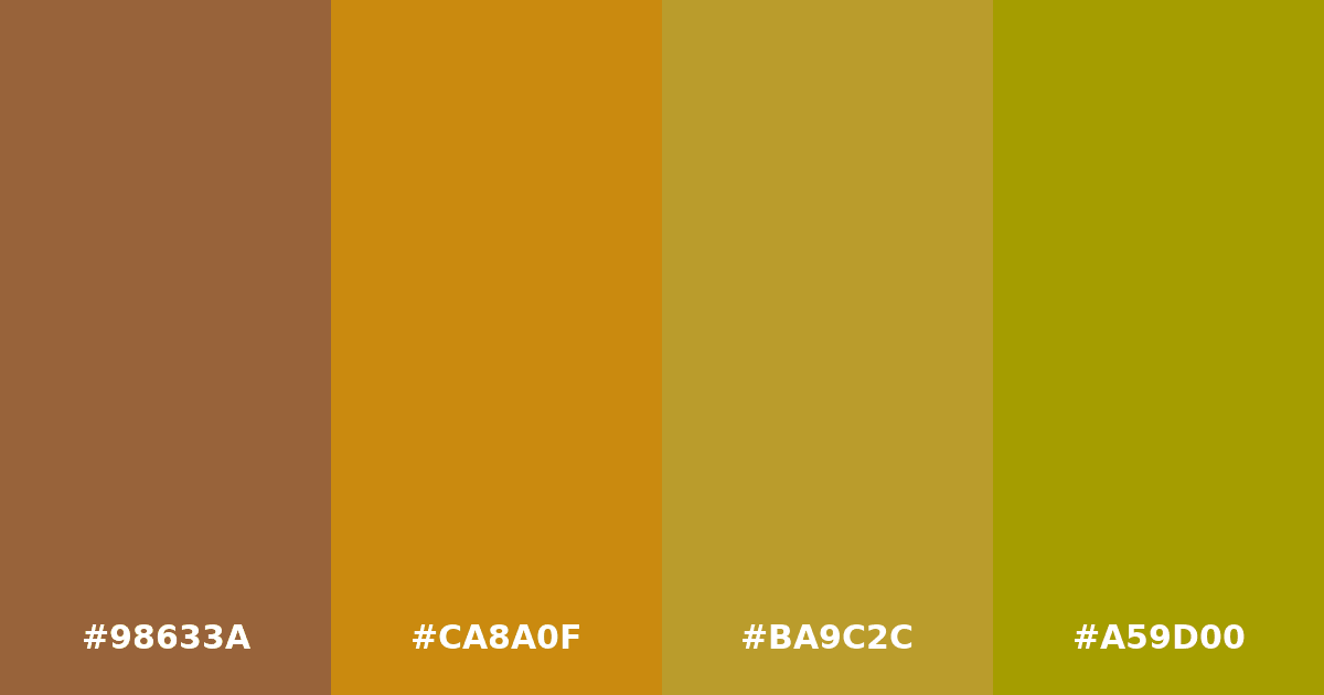Color palette #98633A #CA8A0F #BA9C2C #A59D00