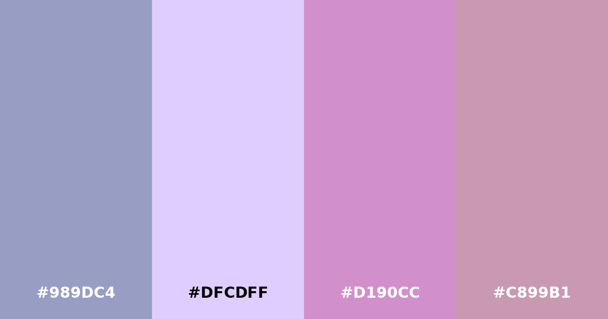 Color palette #989DC4 #DFCDFF #D190CC #C899B1